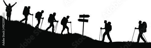 Silhouettes, of, hikers, trekking, on, a, mountain, trail, with, backpacks, and, walking, sticks, celebrating, outdoor, adventure, nature, travel, and, tourism