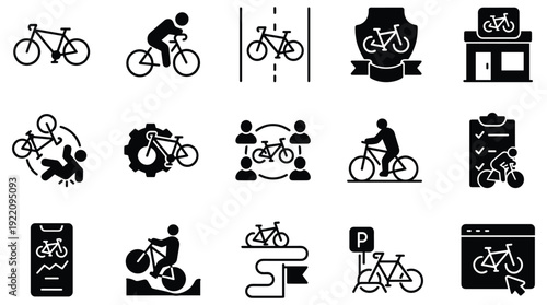 Bicycle transportation and cycling lifestyle icons set for urban mobility and fitness