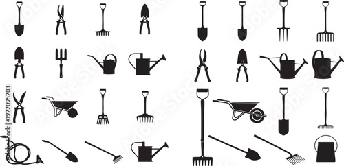 Black and white gardening tools set shovel rake spade