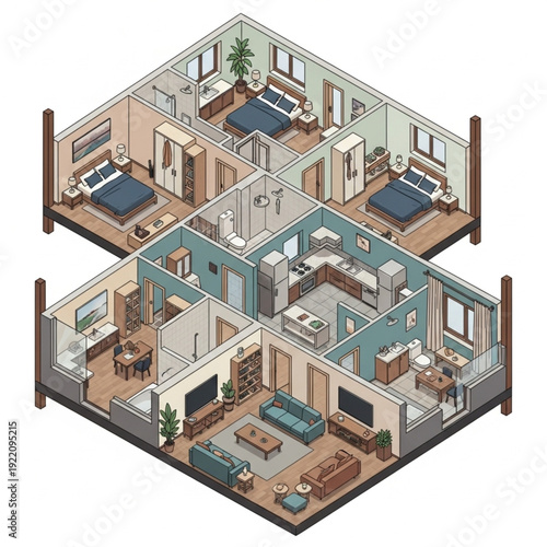 Isometric illustration of a modern apartment interior design with detailed furniture and decor.