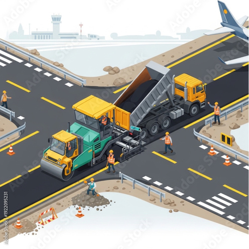Airport runway under construction with heavy machinery and workers.