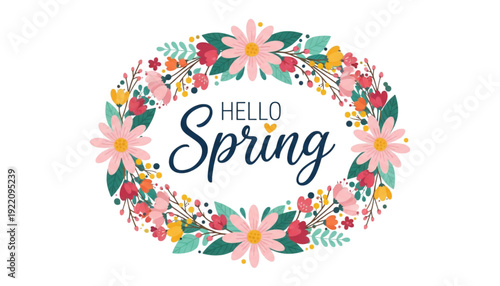 Hello Spring Floral Wreath Illustration for Seasonal Marketing Event Invitations Website Banners Social Media
