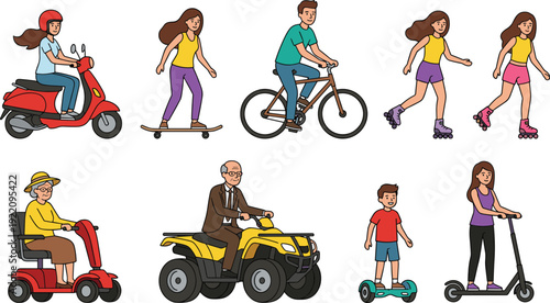 Vector illustration of diverse people using different transportation including electric scooter, bicycle, moped, skateboard, roller skates, hoverboard, and mobility vehicles.