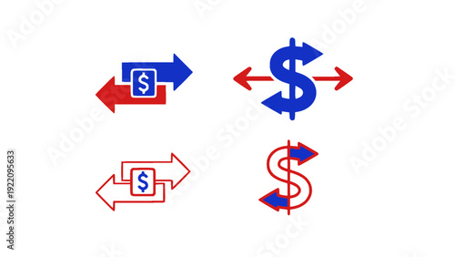 Clean and modern dollar symbol and cash exchange icon collection with directional arrows indicating payment, income, expense, and transfer.