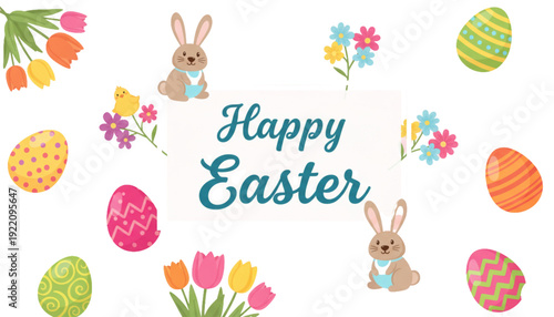 Happy Easter Greeting Card Banner with Cute Bunnies Decorated Eggs and Spring Flowers for Festive Holiday Celebration