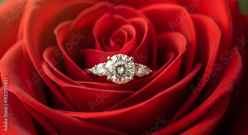 Diamond ring on red rose engagement proposal