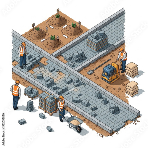 Construction workers building a retaining wall with bricks and machinery.