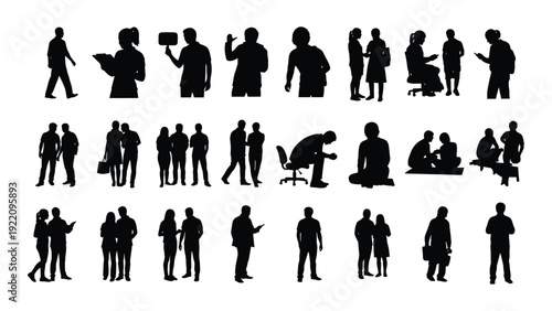 A collection of black silhouettes of people in various poses and activities isolated on white background, Vector