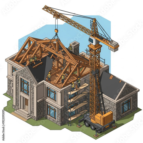 Isometric illustration of a house under construction with a crane.
