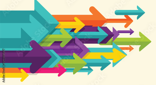 Colorful arrows pointing right over a light-cream background, forward progress