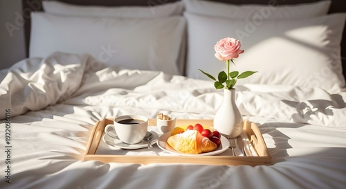 Breakfast in bed with fresh flower and pastries