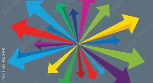Colorful arrows radiate outward from a central point on a gray background