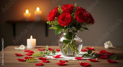 Romantic candlelit setting with red roses and petals