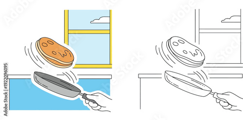 Hand Tossing Pancake in a Frying Pan Illustration Set, Professional Chef or Home Cook Flipping Crepe in the Kitchen, Breakfast Cooking Concept Vector with Color and Line Art Versions