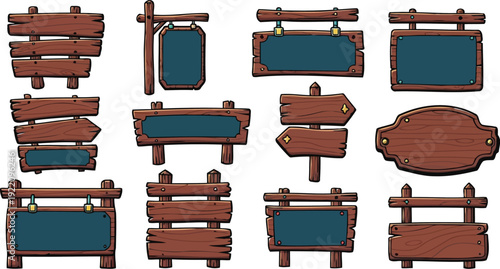 Cartoon rustic wooden signboards with blank dark teal center panels