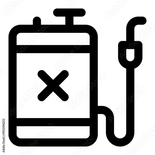 Outline vector icon of a pesticide sprayer, featuring a cross mark for chemical warning or danger.