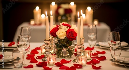 Romantic candlelit dinner table with red roses