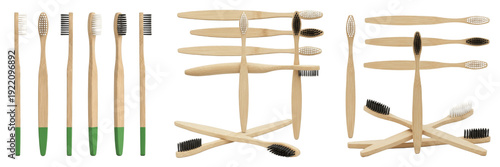 Set and collection of eco-friendly bamboo toothbrushes with natural bristles for sustainable oral care isolated on white transparent PNG background