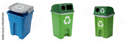 Set and collection of blue and green plastic recycling bins with recycle symbol for waste management isolated on white transparent PNG background
