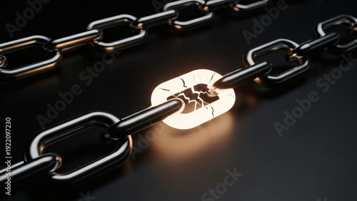Illuminated Vulnerability A Glowing, Fractured Link Highlights the Critical Weakness in a Robust System, Symbolizing a Breaking Point or a Key Moment of Change.