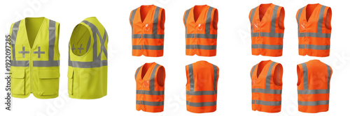 Set and collection of neon yellow and orange high-visibility safety vests with reflective strips for construction work isolated on white transparent PNG background