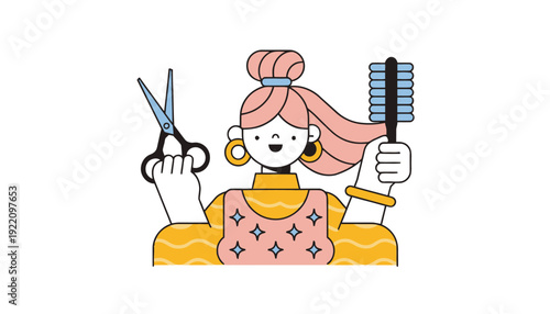 Stylish woman holding hairbrush and scissors for salon services