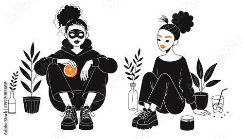 Modern women relaxing with plants and healthy drinks