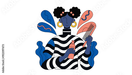 Woman with afro hairstyle holding hair products and comb