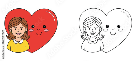 Cute woman smiling with big happy red heart cartoon character vector illustration, colored and black and white outline versions for coloring book page or Valentine concept.
