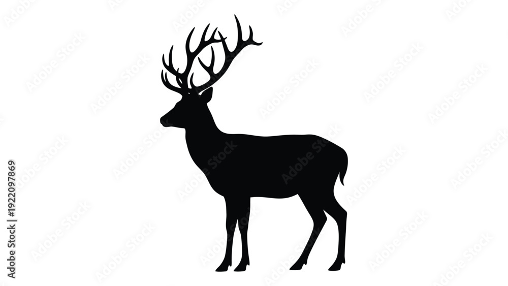 Obraz premium A black silhouette of a deer with large antlers isolated on white background, Vector
