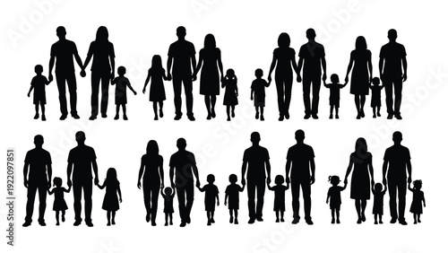 A group of people and their children standing together isolated on white background, Vector