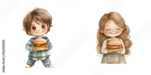 kid holding burger watercolor vector illustration