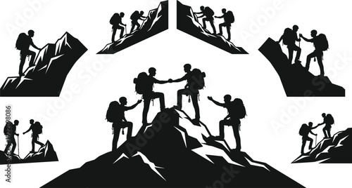 Mountain climbing teamwork silhouette vector, hikers helping each other reach summit peak, adventure expedition success leadership concept illustration