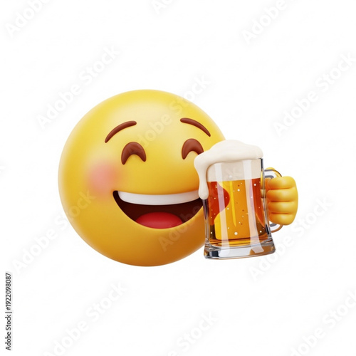 Happy emoji enjoying cold beer in cheerful celebration