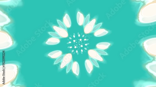 Abstract Floral Kaleidoscope Pattern on Teal Background with Glowing Petals.