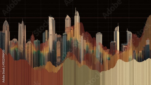 Tje urban real estate crisis, Abstract city skyline with vertical lines and earth-tone color gradients