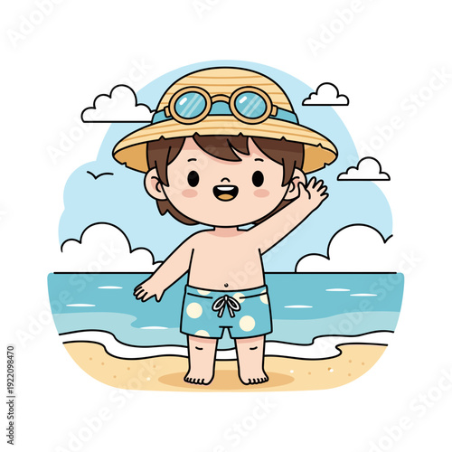 Happy little boy waving at beach in summer