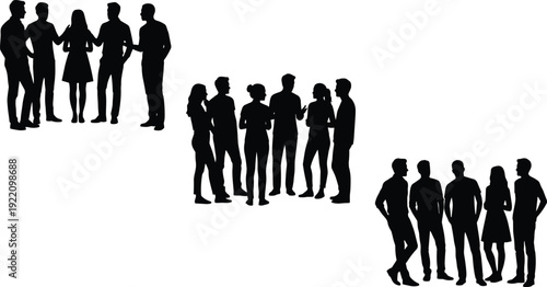 People group discussion silhouettes set, men and women talking in social and business meetings isolated black vector illustration