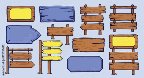 Blank wooden signs collection with blue and yellow vector boards