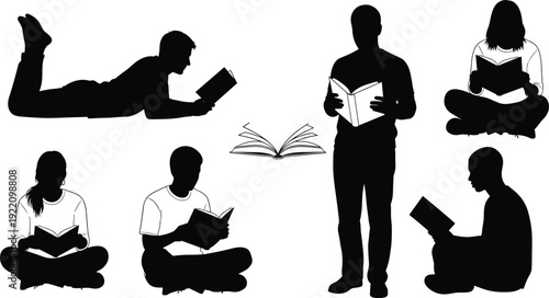 People reading books silhouette set, students and adults studying in different poses black vector illustration isolated design