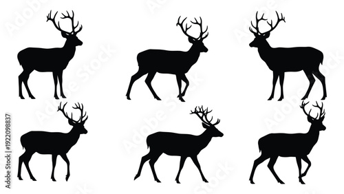 Six black silhouettes of deer with antlers walking isolated on white background, Vector