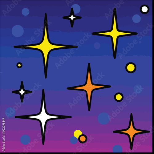 Colorful, cartoon-style depiction of stars, orbs, and gradients