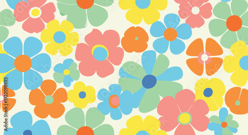 Colorful, cartoon-style flowers in various sizes and colors, on a light cream background