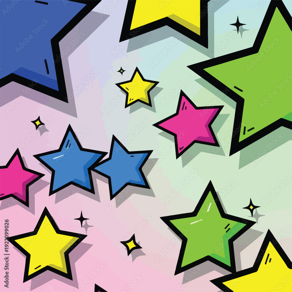 Fototapeta premium Colorful, comic-style illustration featuring various five-pointed stars