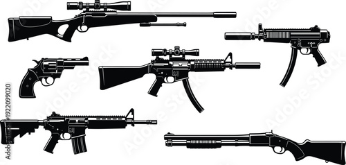 Modern firearms silhouette set, sniper rifle revolver assault rifle and shotgun isolated on white background weapon illustration