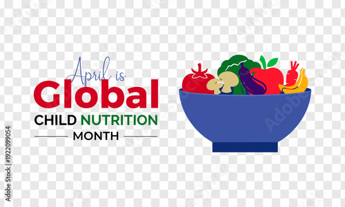 Global Child Nutrition Month concept featuring healthy food symbols and child care awareness in a balanced flat vector style. Creative nutrition awareness illustration of Banner poster, flyer design.