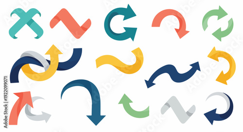 Colorful, curved arrow icons in various shapes and directions on white