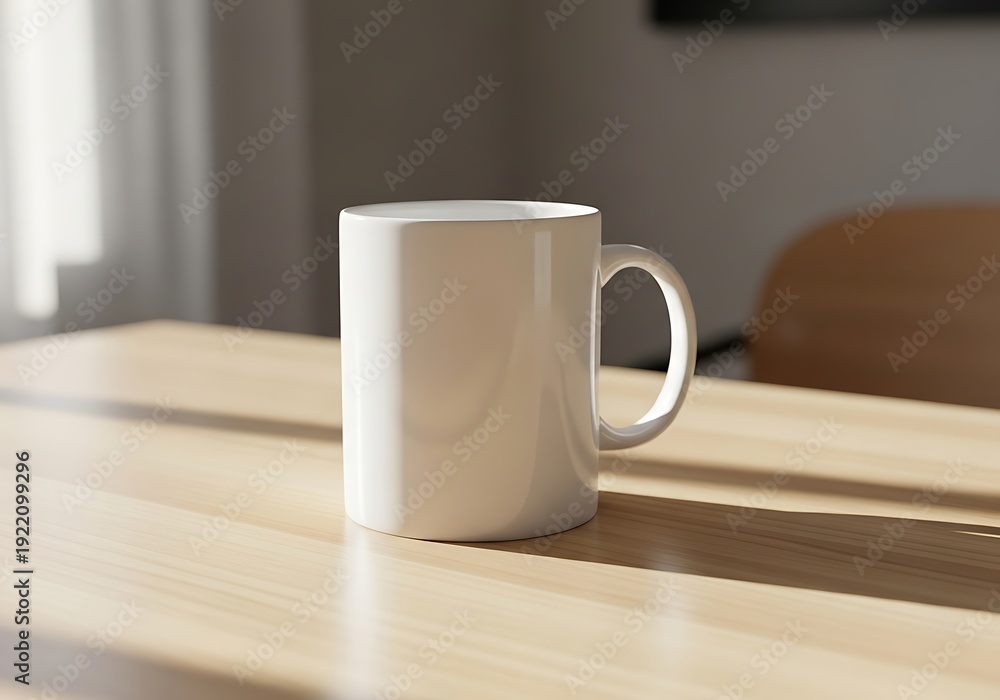 Fototapeta premium Blank white ceramic coffee mug on a wooden table indoors