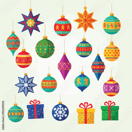 Colorful, decorated Christmas ornaments and gifts hanging