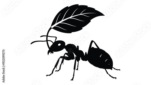 A black silhouette of an ant carrying a leaf isolated on white background, Vector